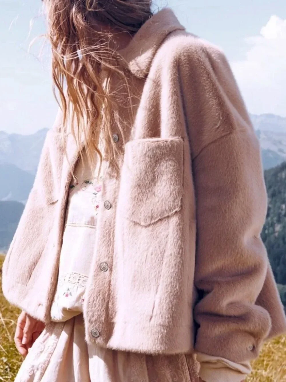 Free People We the Free Cozy Opal Swing Jacket in Pink Size S Faux Fur Teddy $98